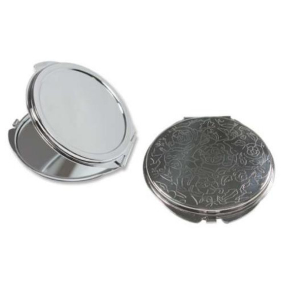 Flower Engraved Pocket Mirror Compact Silver Plated - 50mm Setting for Cameo, Cabochon, Resin, Collage or Clay