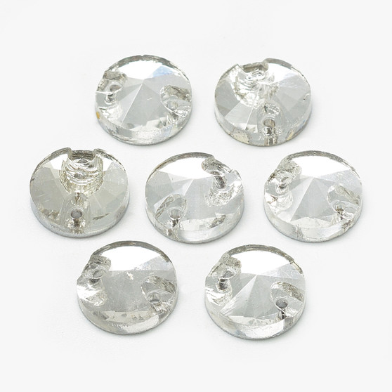 20 pack - Sew on Glass Rhinestone, Two Holes, Faceted, Flat Round, Clear, 12x4mm