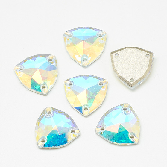 2 pack - Sew on Glass Rhinestone, Three Holes, Faceted, Flat Triangle, Crystal AB, 17x17x4.5mm