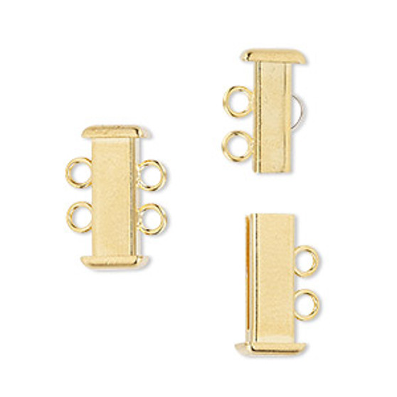 Clasp, 2-strand slide lock, gold-plated brass, 16x7mm rectangle tube. Sold per pkg of 4.