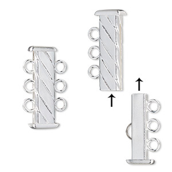 Clasp, 3-strand slide lock, silver-plated brass, 21x7mm corrugated rectangle tube. Sold per pkg of 4.
