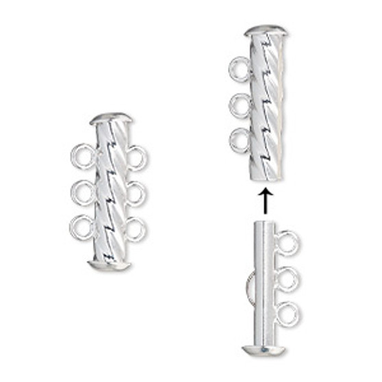 Clasp, 3-strand slide lock, silver-plated brass, 21x6mm corrugated round tube. Sold per pkg of 4.