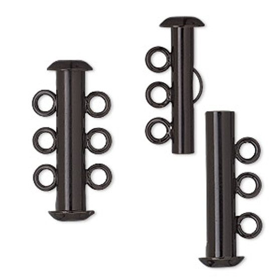 Clasp, 3-strand slide lock, electro-coated brass, black, 21.5x6mm tube. Sold per pkg of 2.