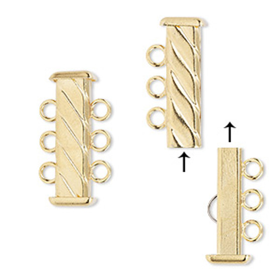 Clasp, 3-strand slide lock, gold-plated brass, 21x7mm corrugated rectangle tube. Sold per pkg of 4.
