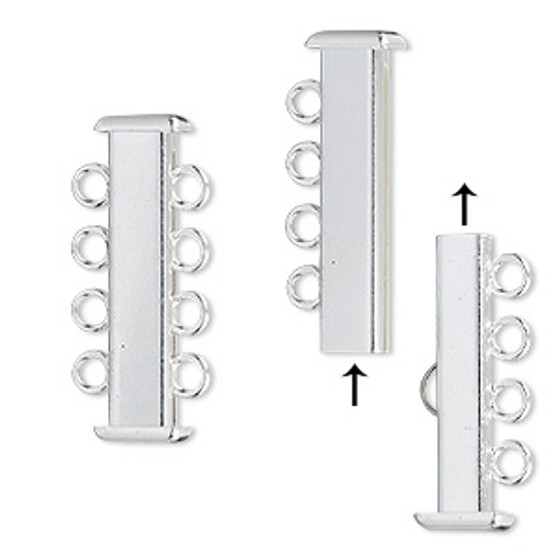 Clasp, 4-strand slide lock, silver-plated brass, 26x7mm rectangle tube. Sold per pkg of 4.