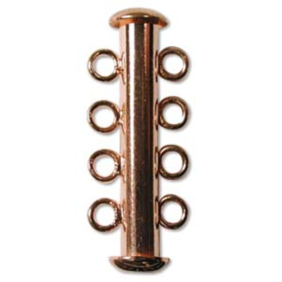 Clasp, 4-strand slide lock, Copper-plated brass, 26x6mm tube. Sold per pkg of 4.