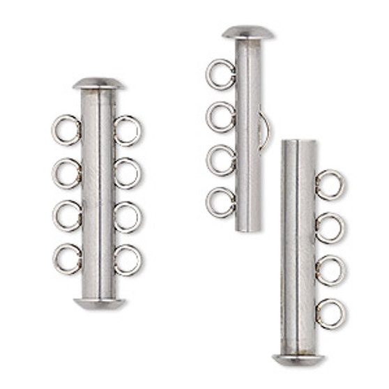 Clasp, 4-strand slide lock, stainless steel, 26x6mm tube. Sold per pkg of 4.