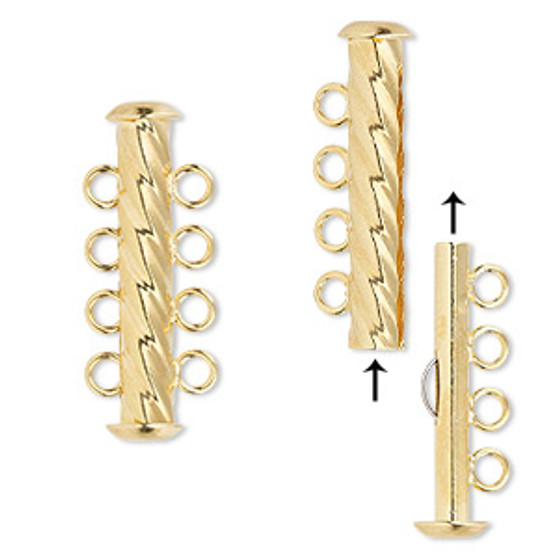 Clasp, 4-strand slide lock, gold-plated brass, 26x6mm corrugated round tube. Sold per pkg of 4.