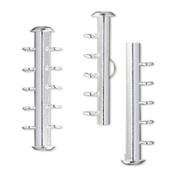 Clasp, 5-strand slide lock, silver-plated brass, 31x6mm round tube. Sold per pkg of 4.