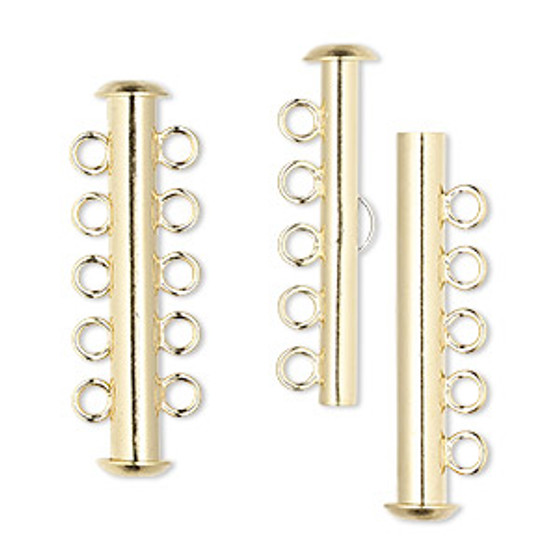 Clasp, 5-strand slide lock, gold-plated brass, 31x6mm tube. Sold per pkg of 4.