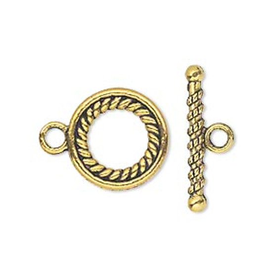 Clasp, toggle, antique gold-finished "pewter" (zinc-based alloy), 16mm double-sided round. Sold per pkg of 10.