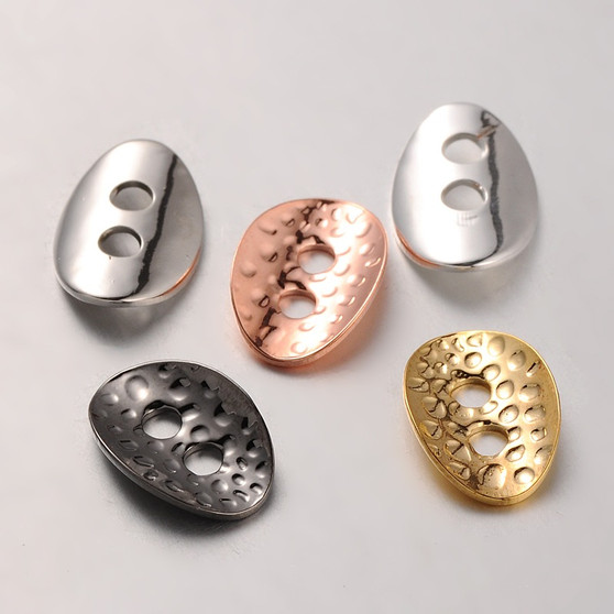 Brass Button / Clasp, 2-Hole, Hammered Oval, Mixed Colour, 14x10x1mm, Hole: 2mm (10 pack)
