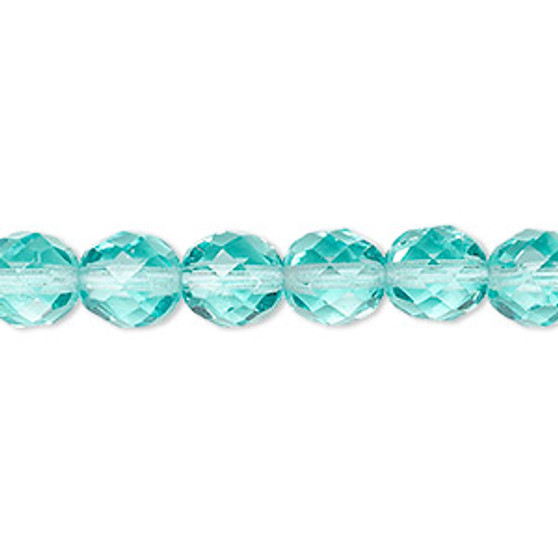 Bead, Czech fire-polished glass, transparent light aqua, 8mm faceted round. Sold per 15-1/2" to 16" strand, approximately 50 beads.