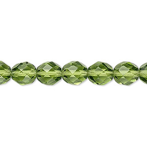 Bead, Czech fire-polished glass, transparent olivine, 8mm faceted round. Sold per 15-1/2" to 16" strand, approximately 50 beads.