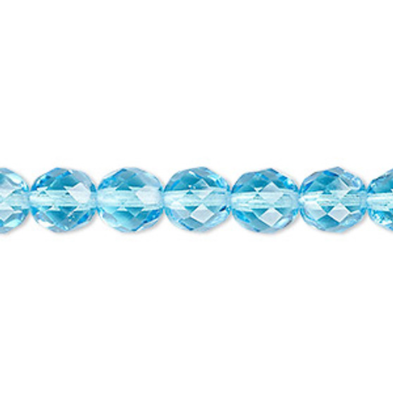 Bead, Czech fire-polished glass, light turquoise blue, 8mm faceted round. Sold per 15-1/2" to 16" strand, approximately 50 beads.