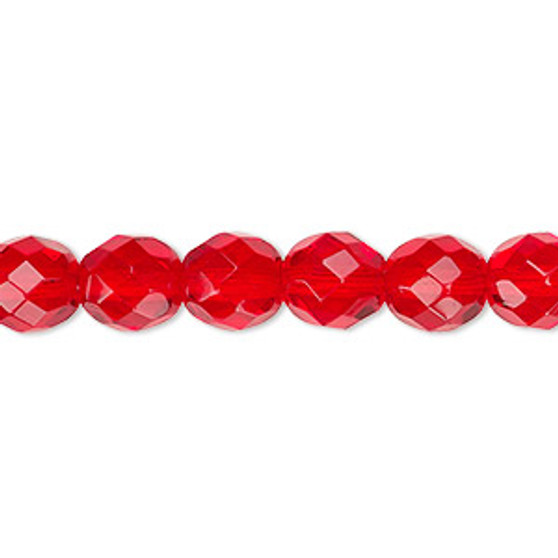 Bead, Czech fire-polished glass, light red, 8mm faceted round. Sold per 15-1/2" to 16" strand, approximately 50 beads.