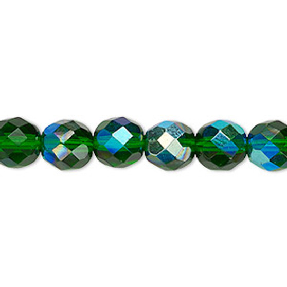 Bead, Czech fire-polished glass, emerald green AB, 8mm faceted round. Sold per 15-1/2" to 16" strand.