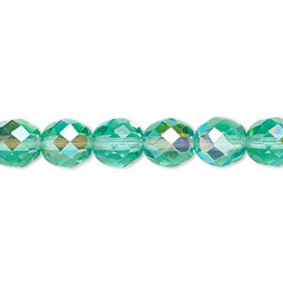 Bead, Czech fire-polished glass, light aqua AB, 8mm faceted round. Sold per 15-1/2" to 16" strand.