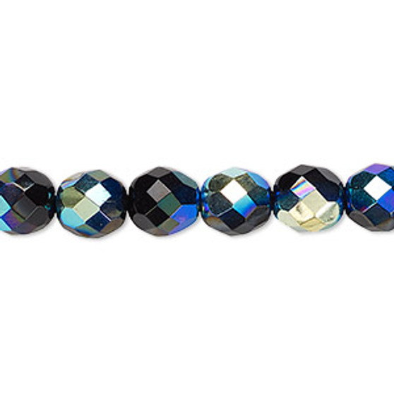 Bead, Czech fire-polished glass, opaque jet AB, 8mm faceted round. Sold per 15-1/2" to 16" strand.