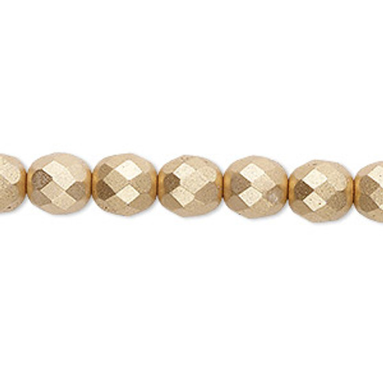 Bead, Czech fire-polished glass, opaque satin gold, 8mm faceted round. Sold per 15-1/2" to 16" strand, approximately 50 beads.