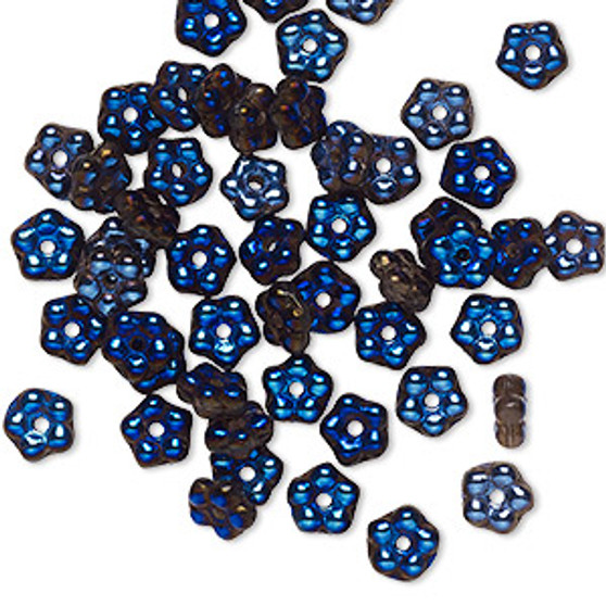 Bead, Preciosa, Czech pressed glass, opaque metallic indigo, 5x2mm forget-me-not flower with 0.8-0.9mm hole. Sold per pkg of 50.