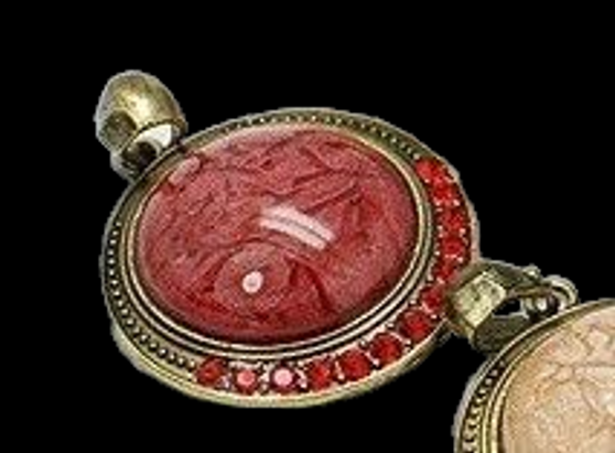 LAST STOCK: Red Resin Pendant, Flat Round, Antique Bronze, 52x12mm, Hole: 13x8mm