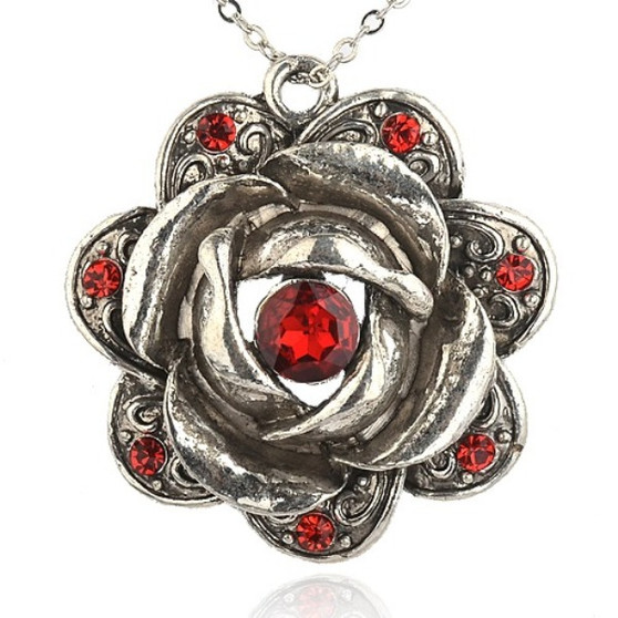 Tibetan Style Alloy Rhinestone Flower Big Pendant, Antique Silver, Light Siam, 60x57x18mm, Hole: 5mm