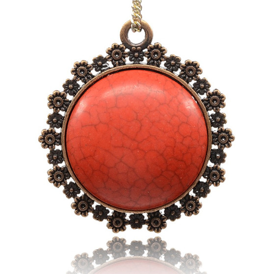 Red Cooper Plated Alloy Synthetic Turquoise Red Flat Round Pendant, Nickel Free, 45x41x9mm, Hole: 3mm