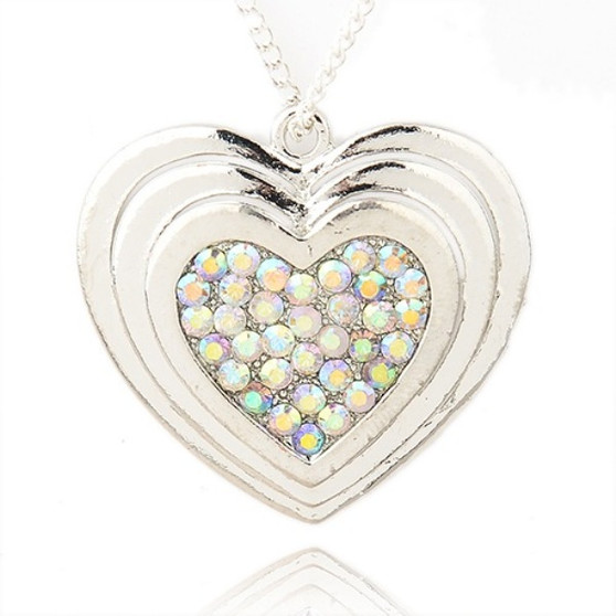 Alloy Rhinestone Heart Pendants, Platinum, Crystal AB, 35x38x8mm, Hole: 2mm
