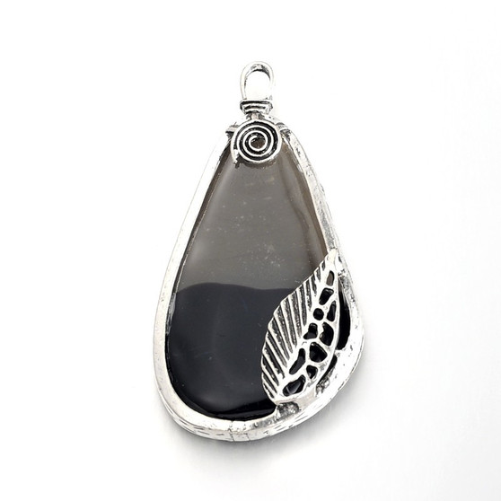 Tibetan Style Resin Pendant, Drop, Silver, Black & Grey, 85x42x10mm