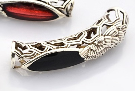 Hollow Thai Sterling Sliver Cloisonne Tube Beads, Antique Silver, Black, 31x8x6mm, Hole: 5mm