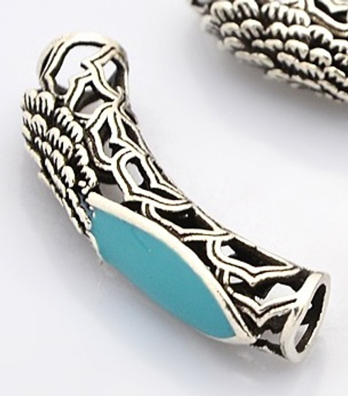 Hollow Thai Sterling Sliver Cloisonne Tube Beads, Antique Silver, Turquoise, 31x8x6mm, Hole: 5mm