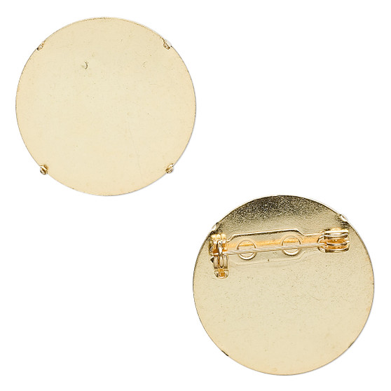 Pin back brooch, gold-plated steel, 26mm round. Sold per pkg of 10