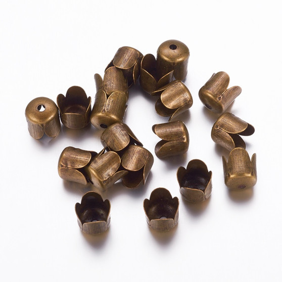 10gm pack Iron Bead Caps/ Cord Ends, Antique Bronze Flower, 4-Petal, 6.5mm x 7-8mm, hole: 1mm (approx 48)