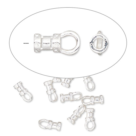 Crimp end, silver-plated brass, 4.5x3mm tube with loop, 1-1.5mm inside diameter. Sold per pkg of 10.