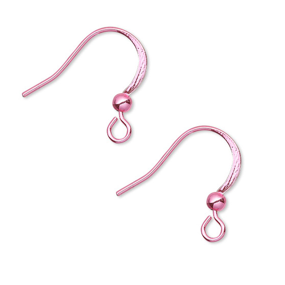 Ear wire, electro-coated brass, pink, 19mm flat fishhook with 3mm ball and open loop, 21 gauge. Sold per pkg of 5 pairs.