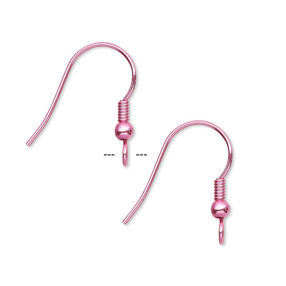 Ear wire, electro-coated brass, pink, 19mm fishhook with 3mm ball and 4mm coil with open loop, 21 gauge. Sold per pkg of 5 pairs.