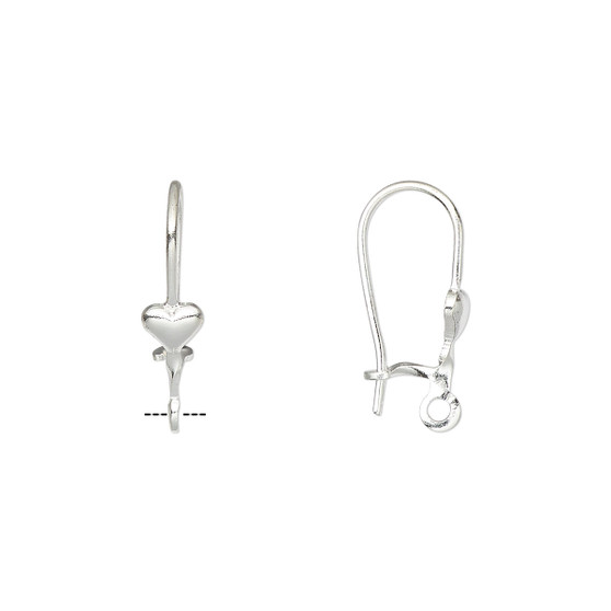 Ear wire, silver-plated brass, 17mm kidney with 4mm heart and open loop, 20-21 gauge. Sold per pkg of 5 pairs.