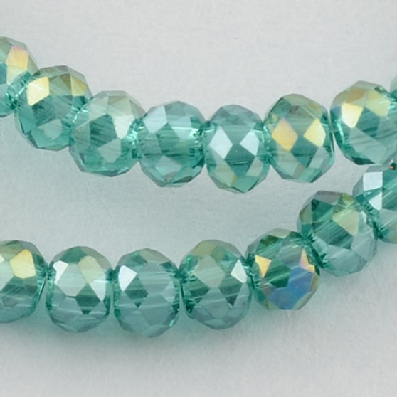 Electroplate Glass Bead, Faceted Rondelle, Light Sea Green AB, 3x2mm; Hole: 0.5mm, approx 190pcs per strand, Sold per 2 x 16.7" strand.