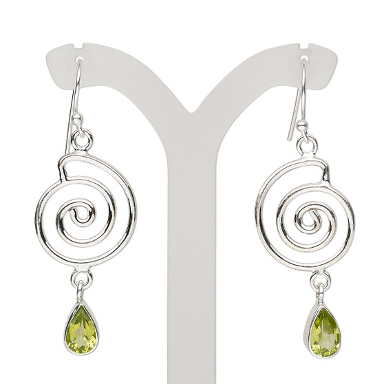 Earring, peridot (natural) and sterling silver, 49mm with spiral and fishhook ear wire, 21 gauge. Sold per pair.