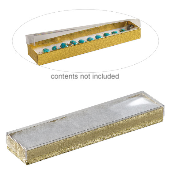 Box, plastic and paper, cotton-filled, gold and clear, 8-1/8 x 1-7/8 x 7/8 inch rectangle. Sold per pkg of 10.