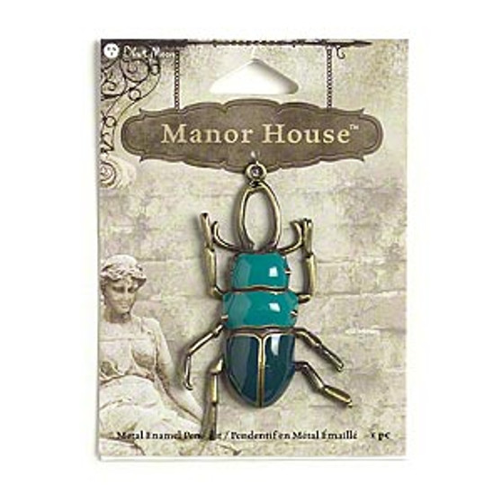 Focal, Blue Moon Beads®, enamel and antiqued brass-finished "pewter" (zinc-based alloy), light teal and dark teal, 60x39mm beetle. Sold individually.