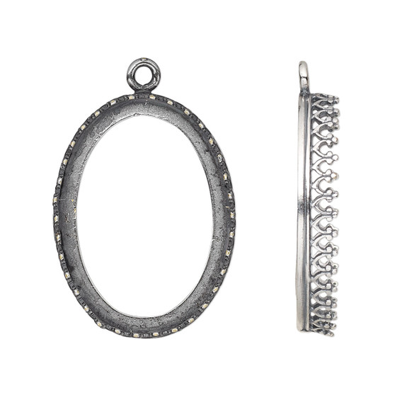 Drop, JBB Findings, antique silver-plated brass, 27x20mm oval with decorative trim, 25x18mm oval bezel setting.