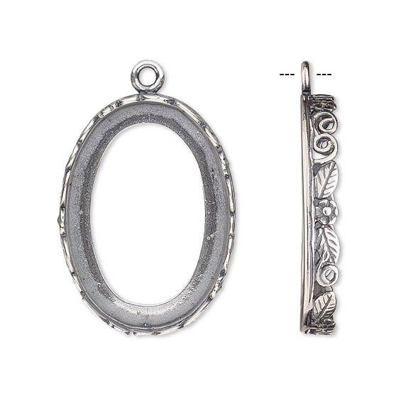 Drop, JBB Findings, antique silver-plated brass, 27x20mm oval with open back and flower and leaf design trim, 25x18mm oval bezel setting.