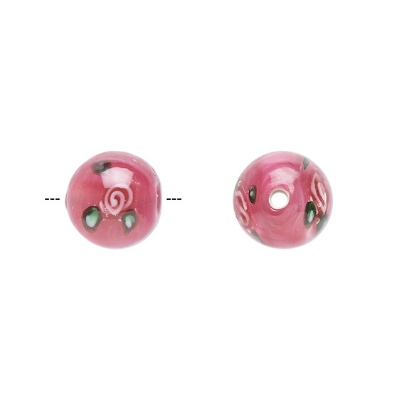 8-9mm - Czech - Op Pink, Green- 6pk - Lampworked Glass with flower Design