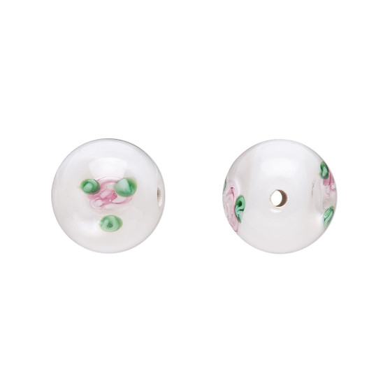 10-11mm - Czech - Op White, Pink Green - 4pk - Round Lampworked Glass with flower Design