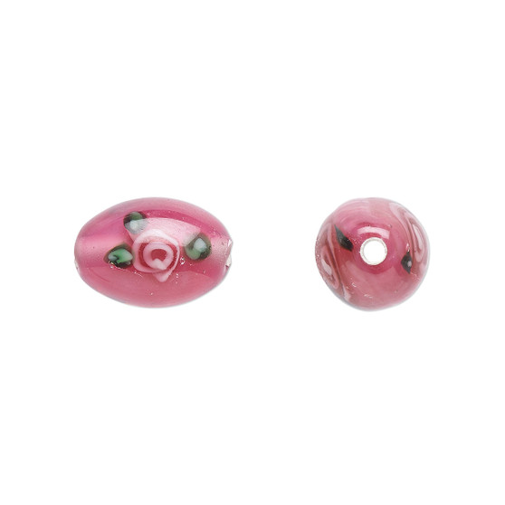 12-13mm x 8-9mm - Czech - Op Pink, Green - 4pk - Oval Lampworked Glass with flower Design