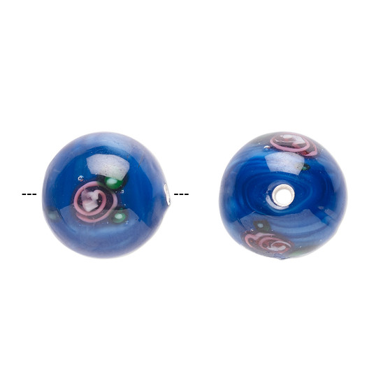 12-13mm - Czech - Op Blue, Pink Green - 4pk - Round Lampworked Glass with flower Design