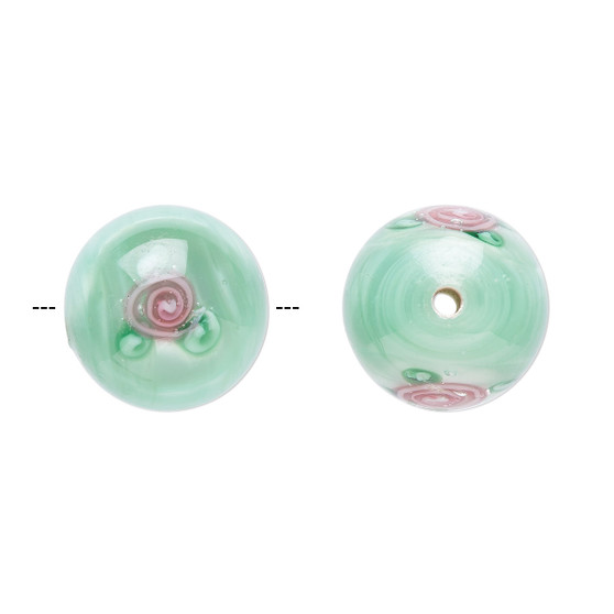 12-13mm - Czech - Op Green, Pink - 4pk - Round Lampworked Glass with flower Design