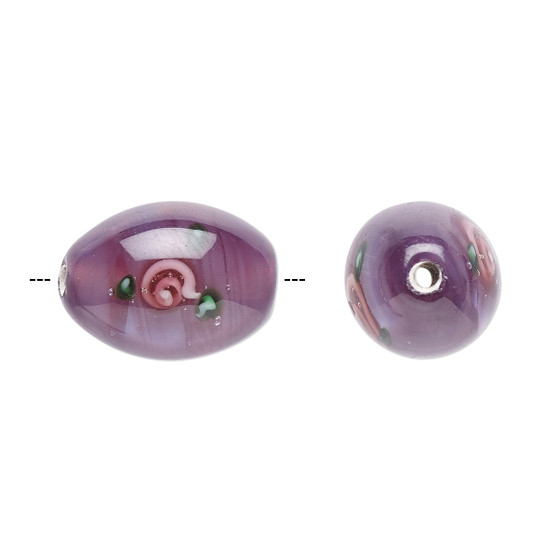 15-16mm x 10-11mm - Czech - Op Purple, Pink Green - 2pk - Oval Lampworked Glass with flower Design